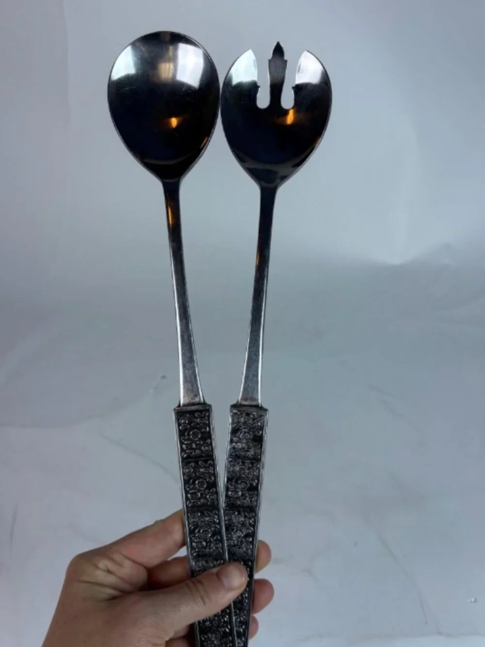 Vintage Stanley Roberts Stainless Japan Salad Serving Set MCM Floral Flatware